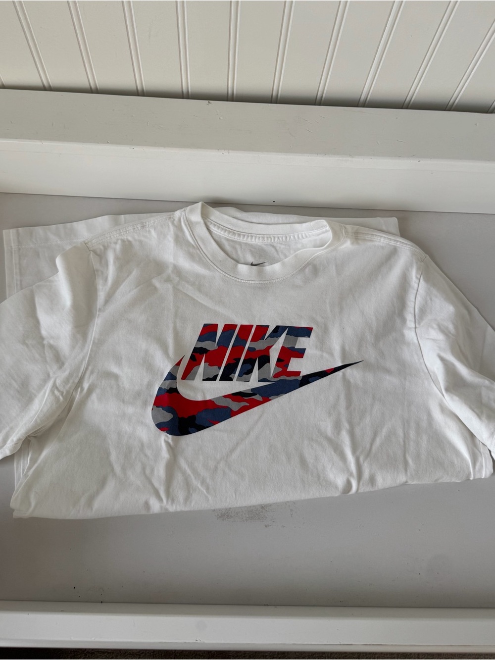 Nike White T-Shirt with Red & Blue Camo Swoosh